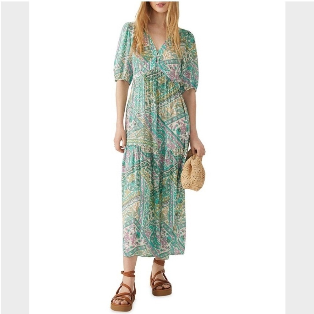 BA&SH Falba Maxi Dress Women 10 Viscose Paisley Tiered Boho V-Neck Teal